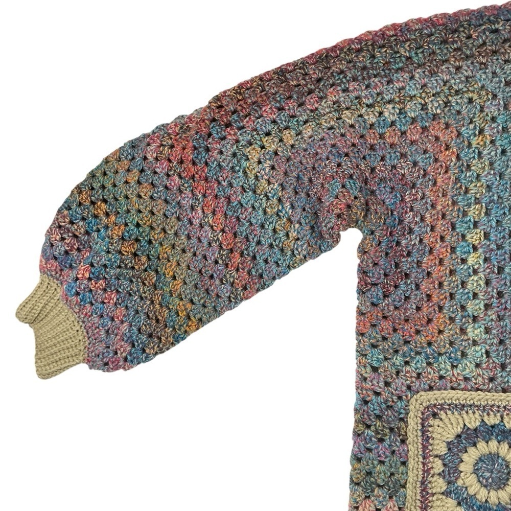 Handcrafted Crochet Hexagon Cardigan Sweater Open Front Wide Sleeve 2 Pockets - Picture 12 of 16